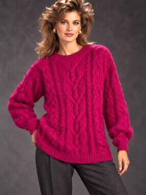 Vintage 80s Forenza Mohair Blend Sweater Womens M Magenta Pink Cable Knit